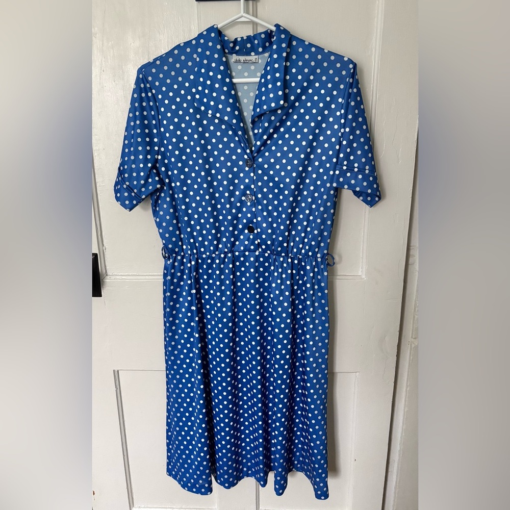 Vintage Blue Polka Dot Dress - Stretchy Material size M/L